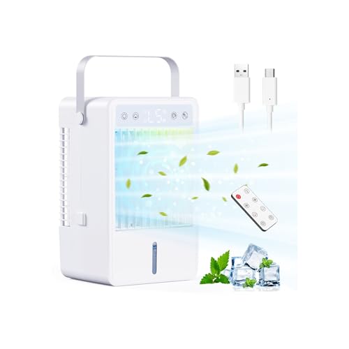 Klimaanlage Mobil, 1500ml Mobiles Klimagerät Mini Luftkühler mit Wasserkühlung, USB Verdunstungskühler mit Fernbedienung, 5 Geschwindigkeiten & 3...