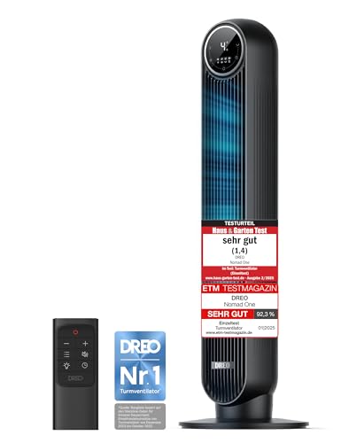 Dreo 20dB Leiser Turmventilator, 10 m Wurfweite 4 Geschwindigstufen 4 Modi 8 Std. Timer 90° oszillierende Ventilator mit Kühlung Fernbedienung...