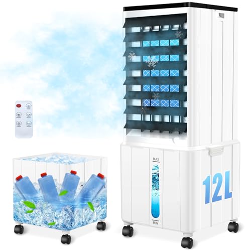 Klimagerät ohne Abluftschlauch, 12L 60W Klimaanlage Mobil mit 12H Timer, 3 Modus, 40dB, 120°Oszillation, Abnehmbare Wassertank, Fernbedienung, Leise...