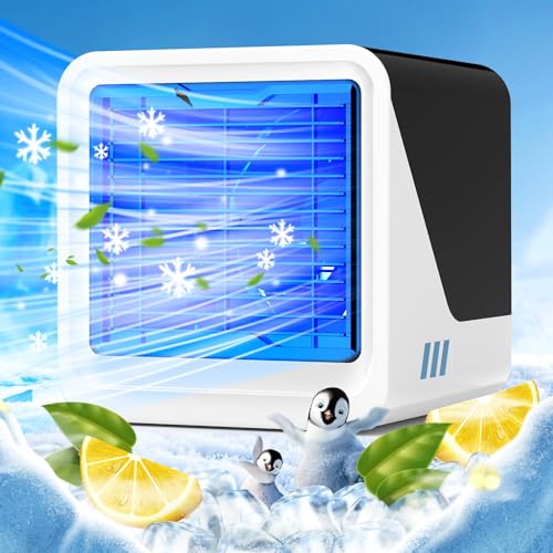 Klimaanlage Mobil, 3 in 1 USB Ventilator mit Wasserkühlung 500 ml Wassertank 3 Drehzahlen 7 Farblichter, Mobiles Klimagerät Mobile Klimaanlage Ohne...