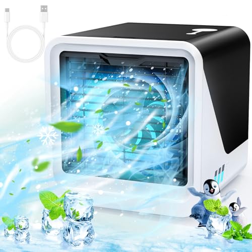 Klimaanlage Mobil, 3 IN 1 Type-C Ventilator Leise, 500 ml Wassertank, 3 Geschwindigkeiten 7 Farben Nachtlicht, Mini klimagerät ohne Abluftschlauch,...